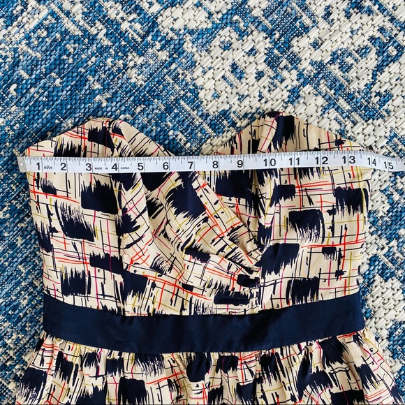 Anthropologie Burlapp Navy Tan Print Strapless 100% Silk Dress Size 4 - Picture 11 of 11